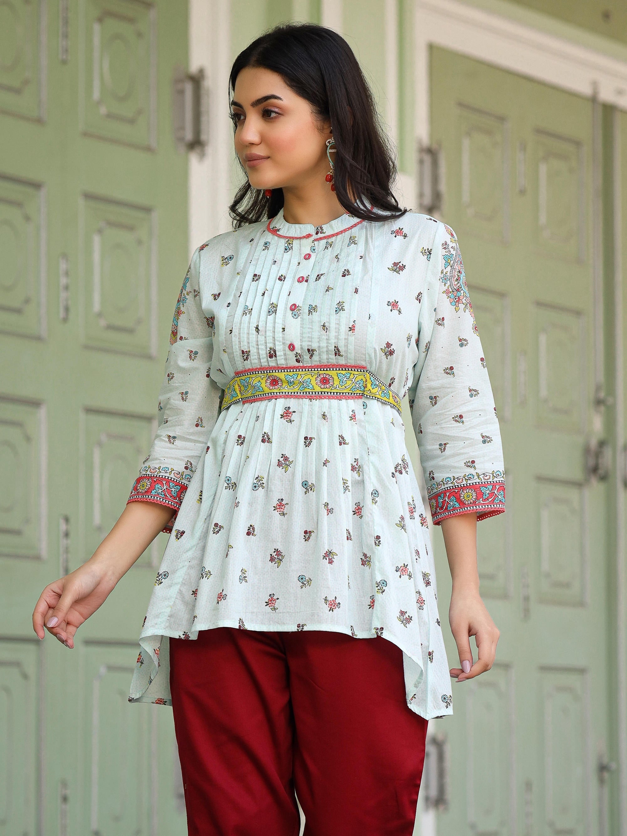 Sky Blue Floral Tunic Top - Cotton Indian Kurta for Ladies