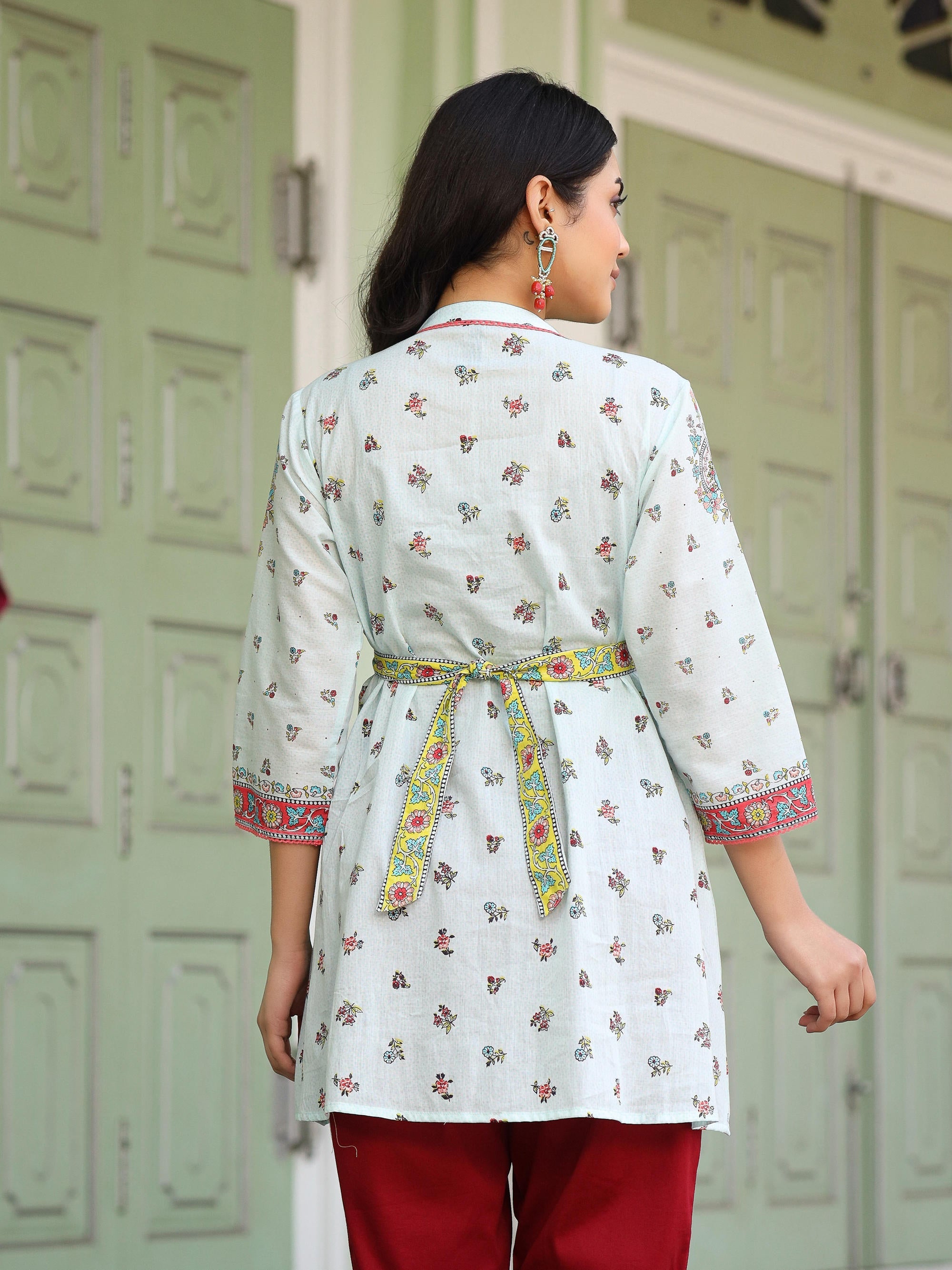 Sky Blue Floral Tunic Top - Cotton Indian Kurta for Ladies