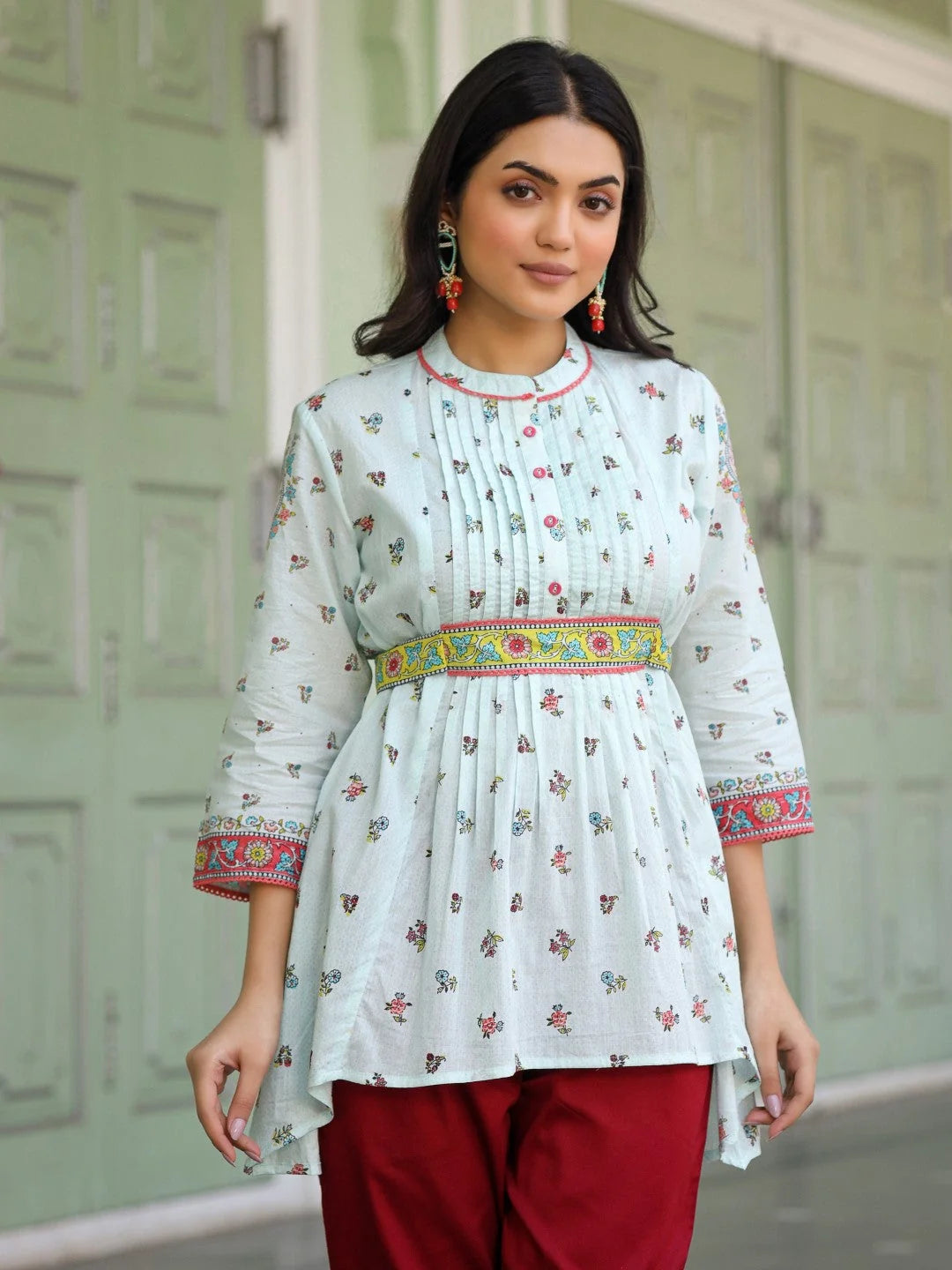 Sky Blue Floral Tunic Top - Cotton Indian Kurta for Ladies