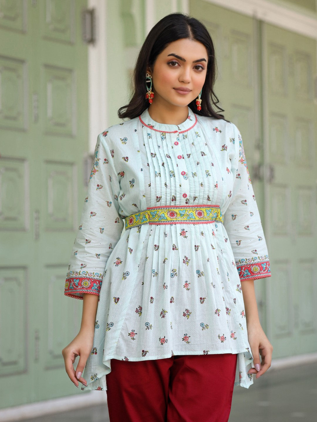 Sky Blue Floral Tunic Top - Cotton Indian Kurta for Ladies