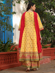 Mustard Cotton Floral Printed Anarkali Kurta With Pants And Dupatta Set With Sequins & Beadwork-S4493MUSTARD