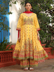 Mustard Cotton Floral Printed Anarkali Kurta With Pants And Dupatta Set With Sequins & Beadwork-S4493MUSTARD