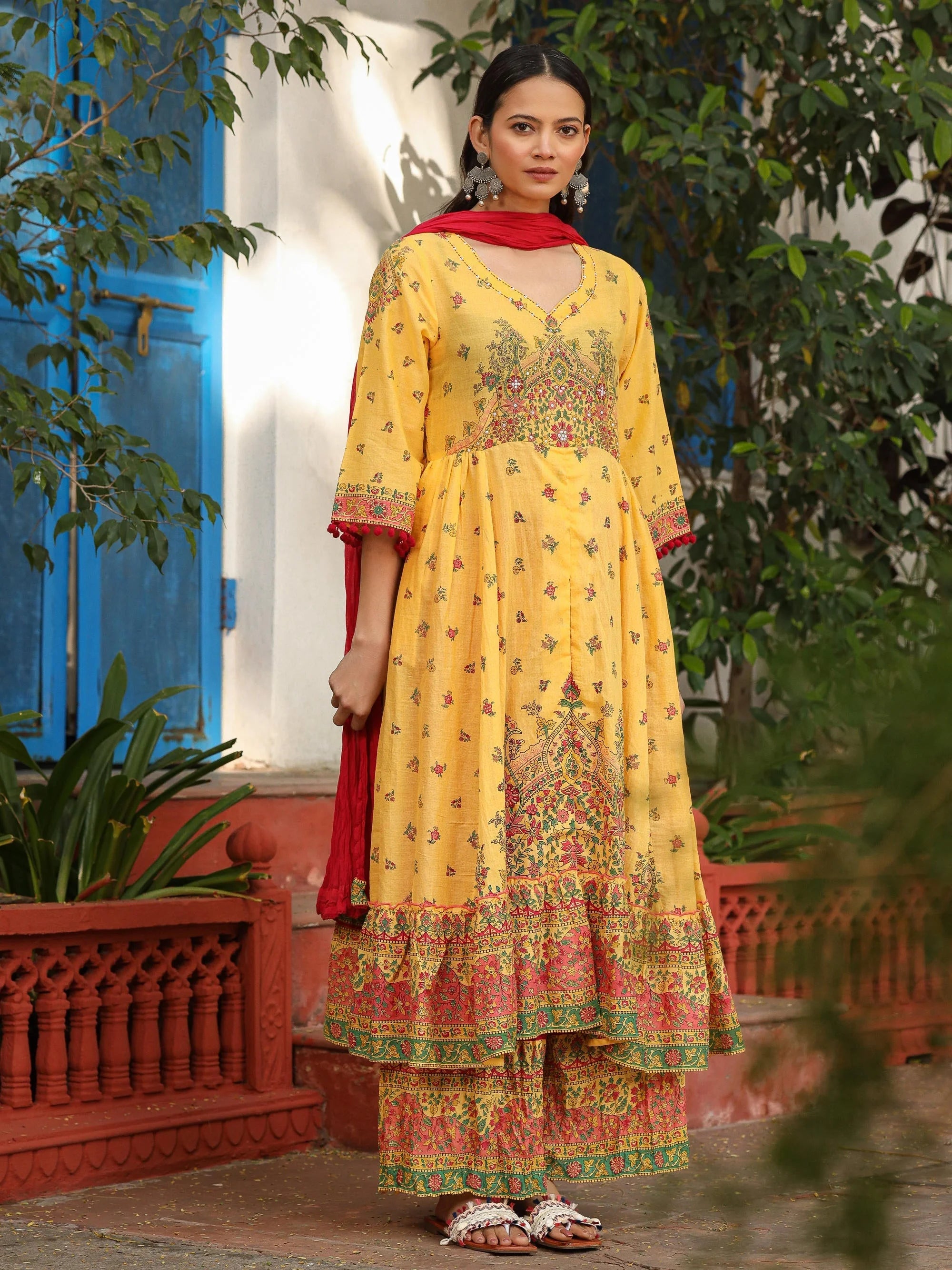 Mustard Floral Anarkali Kurta Set | Indian Anarkali Kurta
