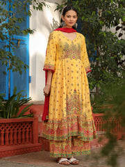 Mustard Cotton Floral Printed Anarkali Kurta With Pants And Dupatta Set With Sequins & Beadwork-S4493MUSTARD