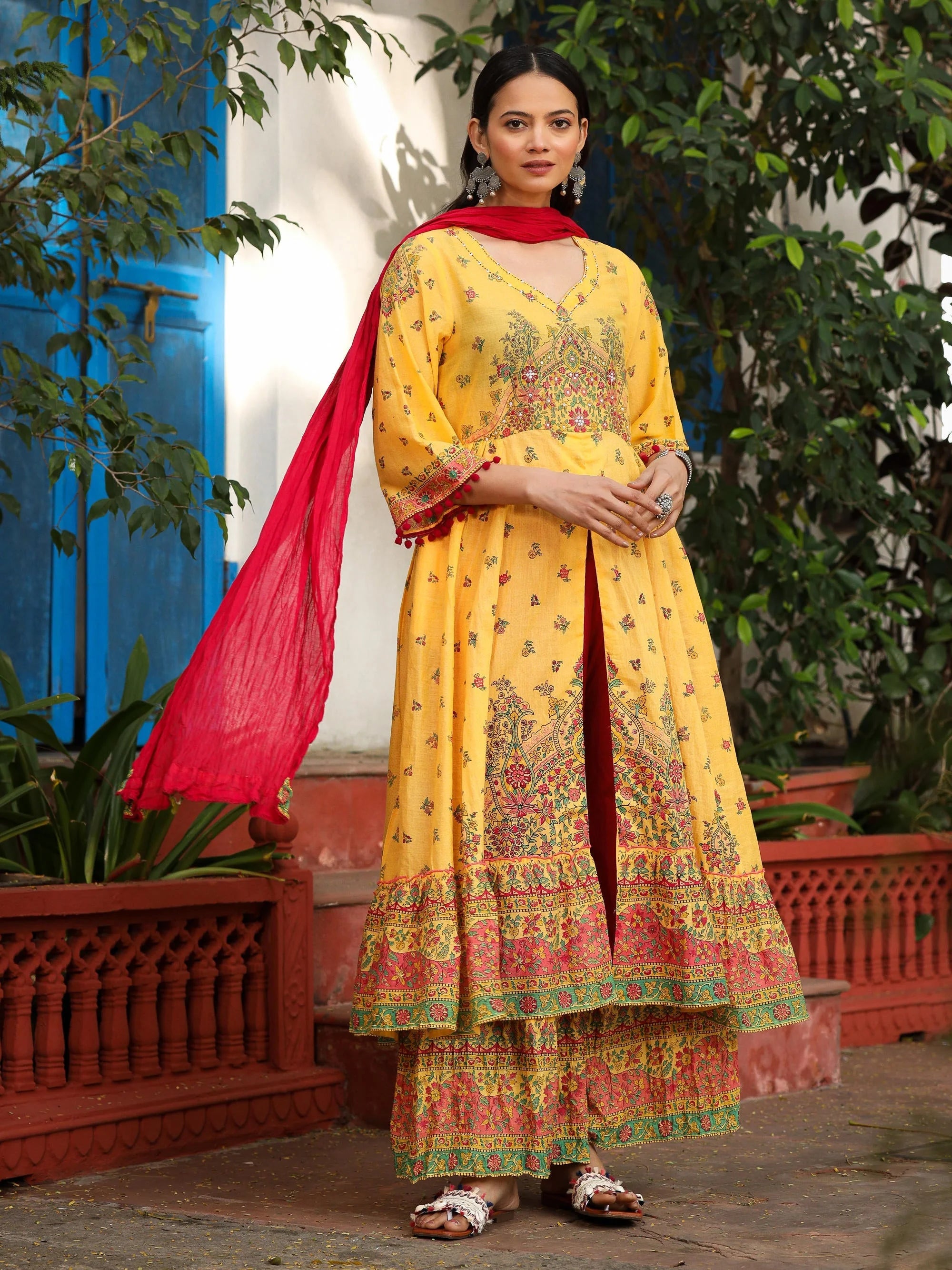 Mustard Floral Anarkali Kurta Set | Indian Anarkali Kurta