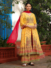 Mustard Cotton Floral Printed Anarkali Kurta With Pants And Dupatta Set With Sequins & Beadwork-S4493MUSTARD