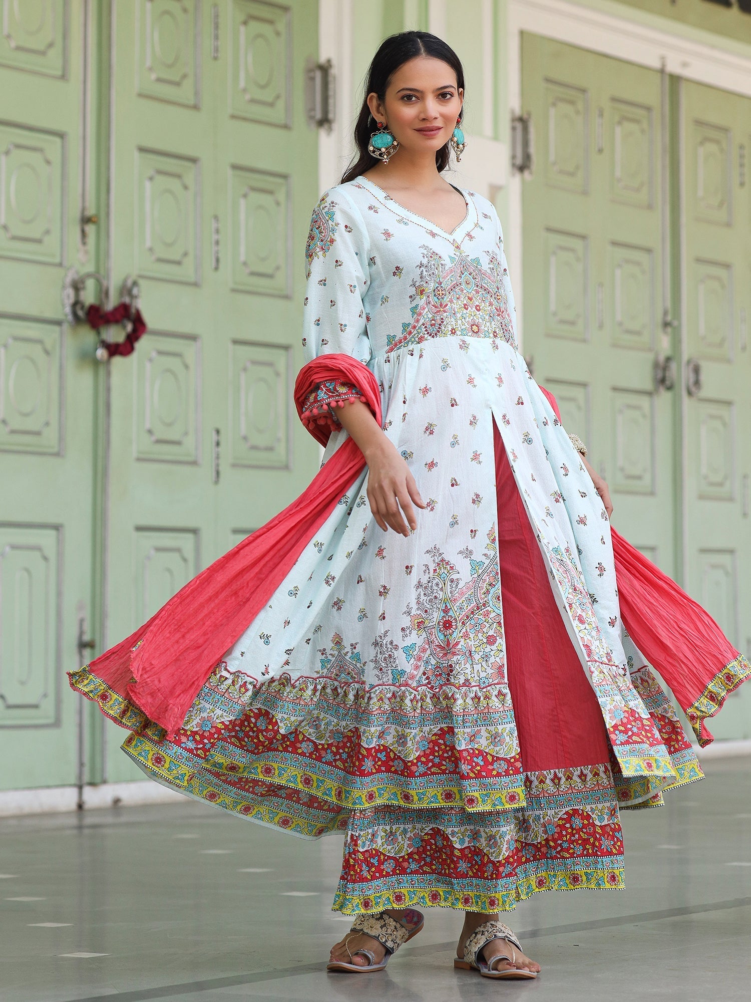 Sky Blue Cotton Floral Printed Anarkali Kurta With Pants And Dupatta S