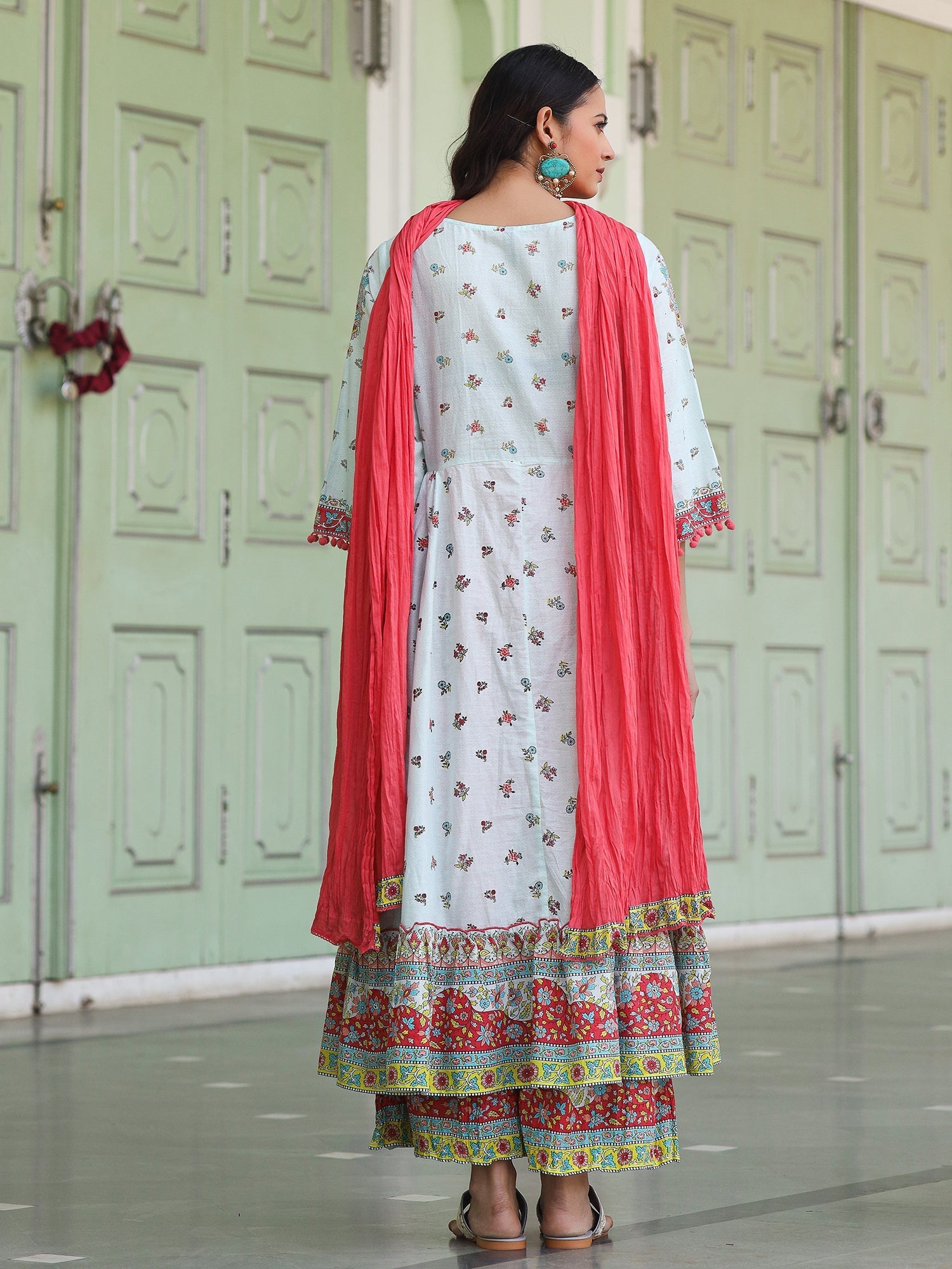 Sky Blue Cotton Floral Printed Anarkali Kurta With Pants And Dupatta S