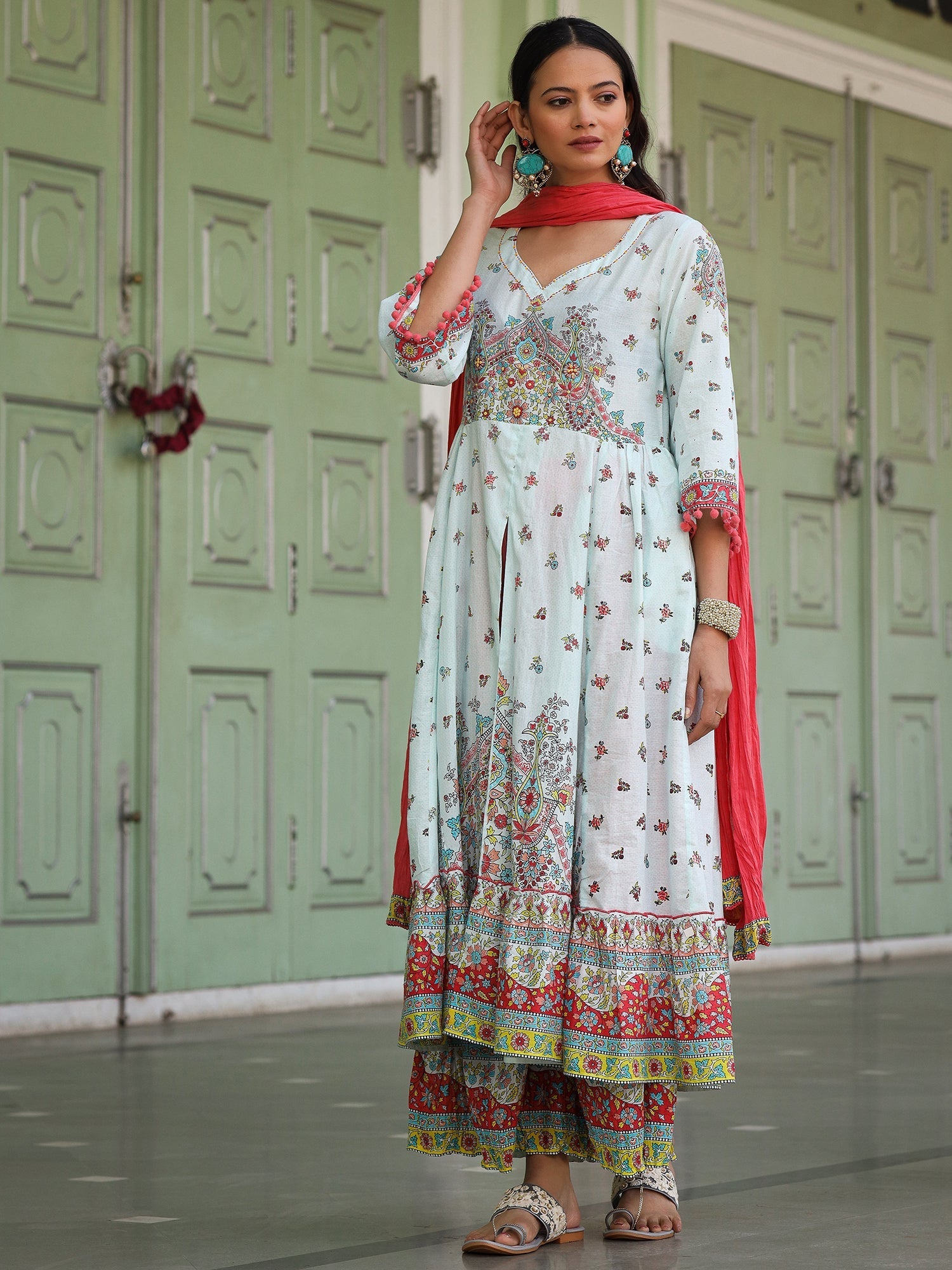 Sky Blue Cotton Floral Printed Anarkali Kurta With Pants And Dupatta S