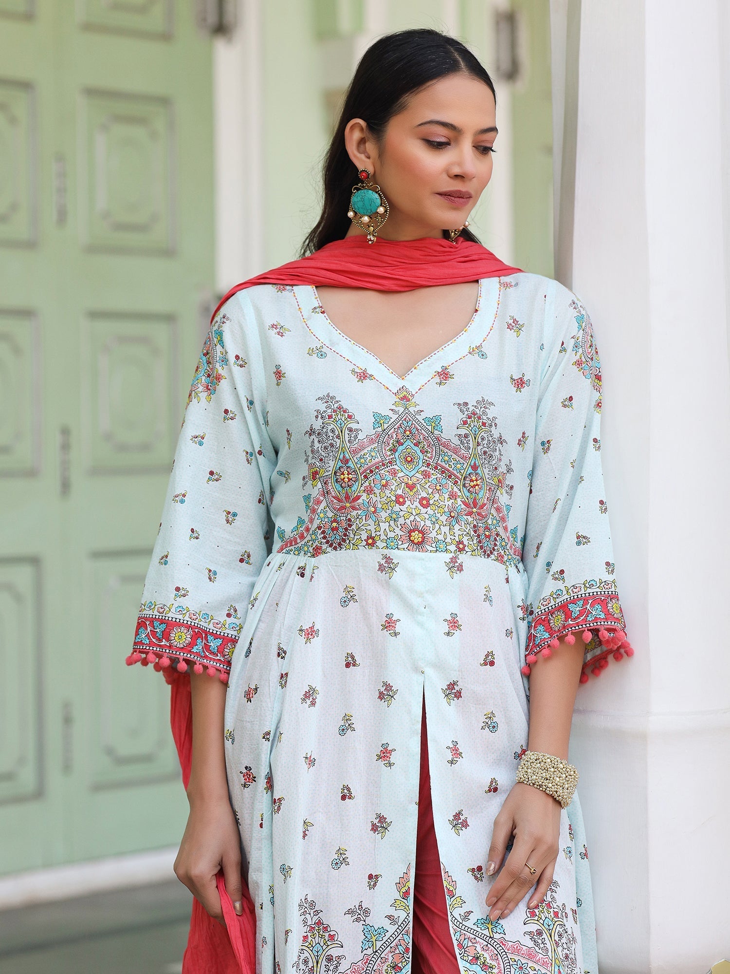 Sky Blue Cotton Floral Printed Anarkali Kurta With Pants And Dupatta S