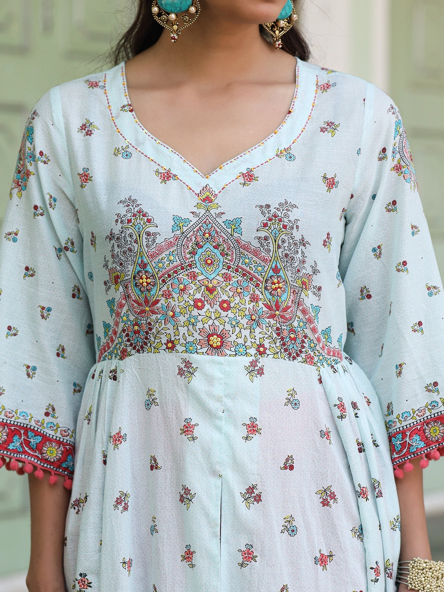 Sky Blue Cotton Floral Printed Anarkali Kurta With Pants And Dupatta S