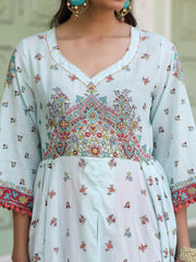 Juniper Sky Blue Cotton Floral Printed Anarkali Kurta With Pants And Dupatta Set With Sequins & Beadwork