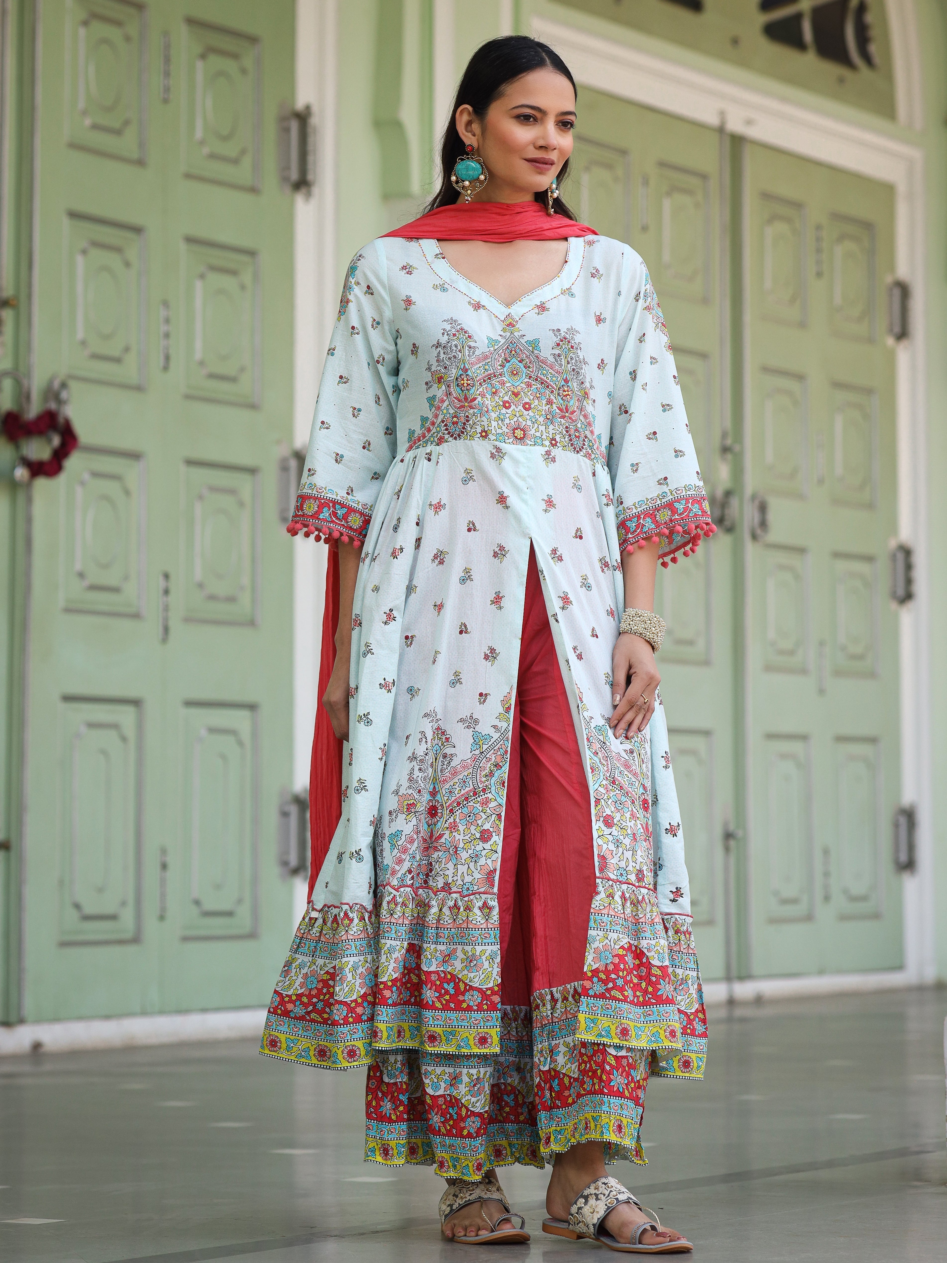 Sky Blue Cotton Floral Printed Anarkali Kurta With Pants And Dupatta S