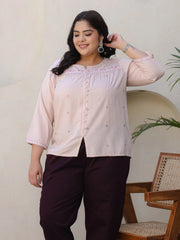 The Mishri Nude Floral Printed & Gathered Rayon Plus Size Tunic, Showcasing Threaded Embroidery And A Gathered Design, This Tunic Boasts A Notch Neckline And Three-Quarter Regular Sleeves For A Stylish And Comfortable Ensemble.-S4494PLUSNUDE