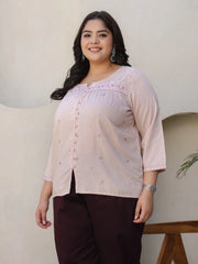 The Mishri Nude Floral Printed & Gathered Rayon Plus Size Tunic, Showcasing Threaded Embroidery And A Gathered Design, This Tunic Boasts A Notch Neckline And Three-Quarter Regular Sleeves For A Stylish And Comfortable Ensemble.-S4494PLUSNUDE