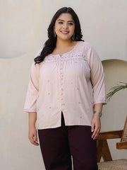 The Mishri Nude Floral Printed & Gathered Rayon Plus Size Tunic, Showcasing Threaded Embroidery And A Gathered Design, This Tunic Boasts A Notch Neckline And Three-Quarter Regular Sleeves For A Stylish And Comfortable Ensemble.-S4494PLUSNUDE