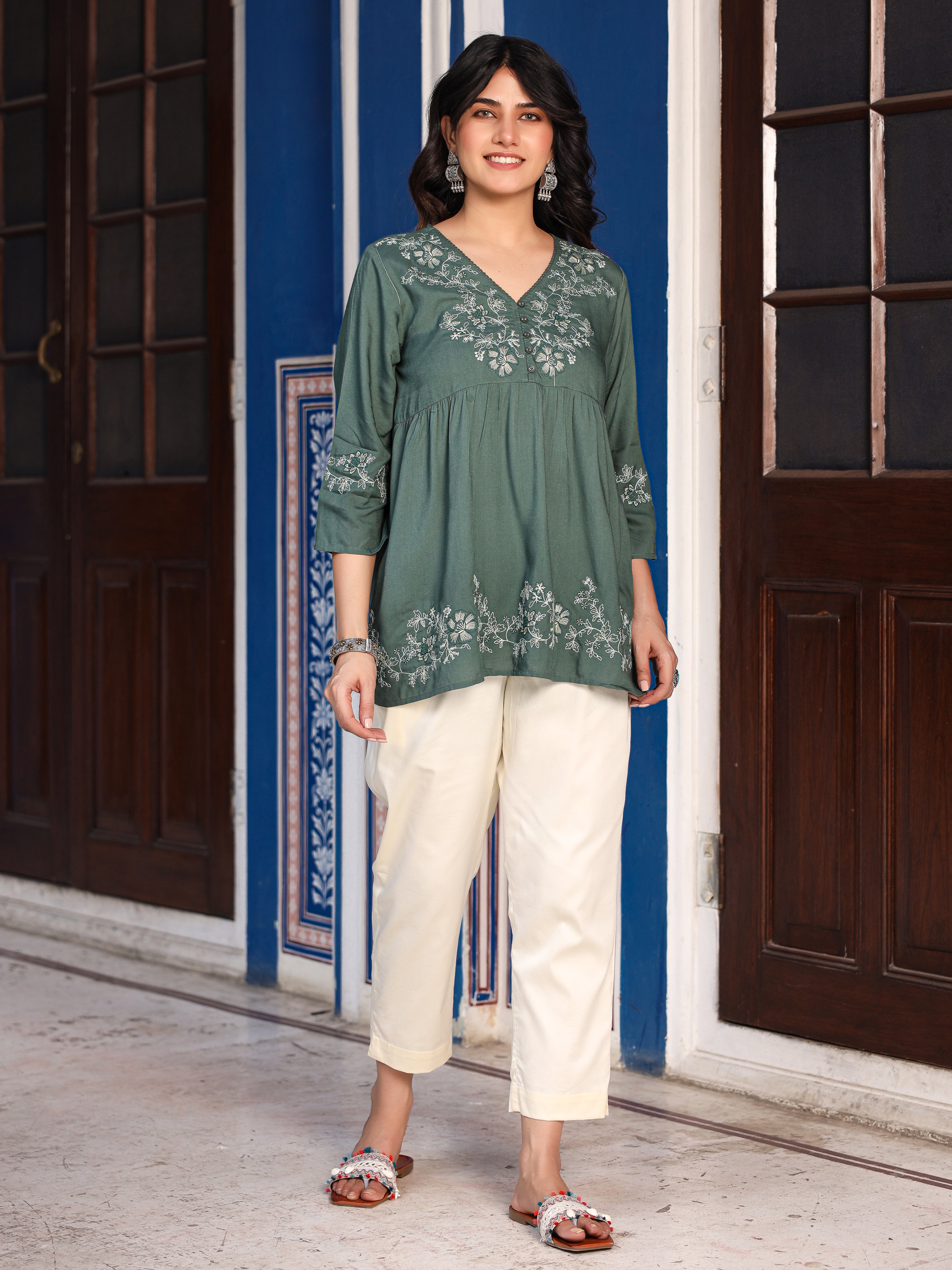 Green Modal Rayon Alia-Cut Embroidered Tunic | DesiQlo