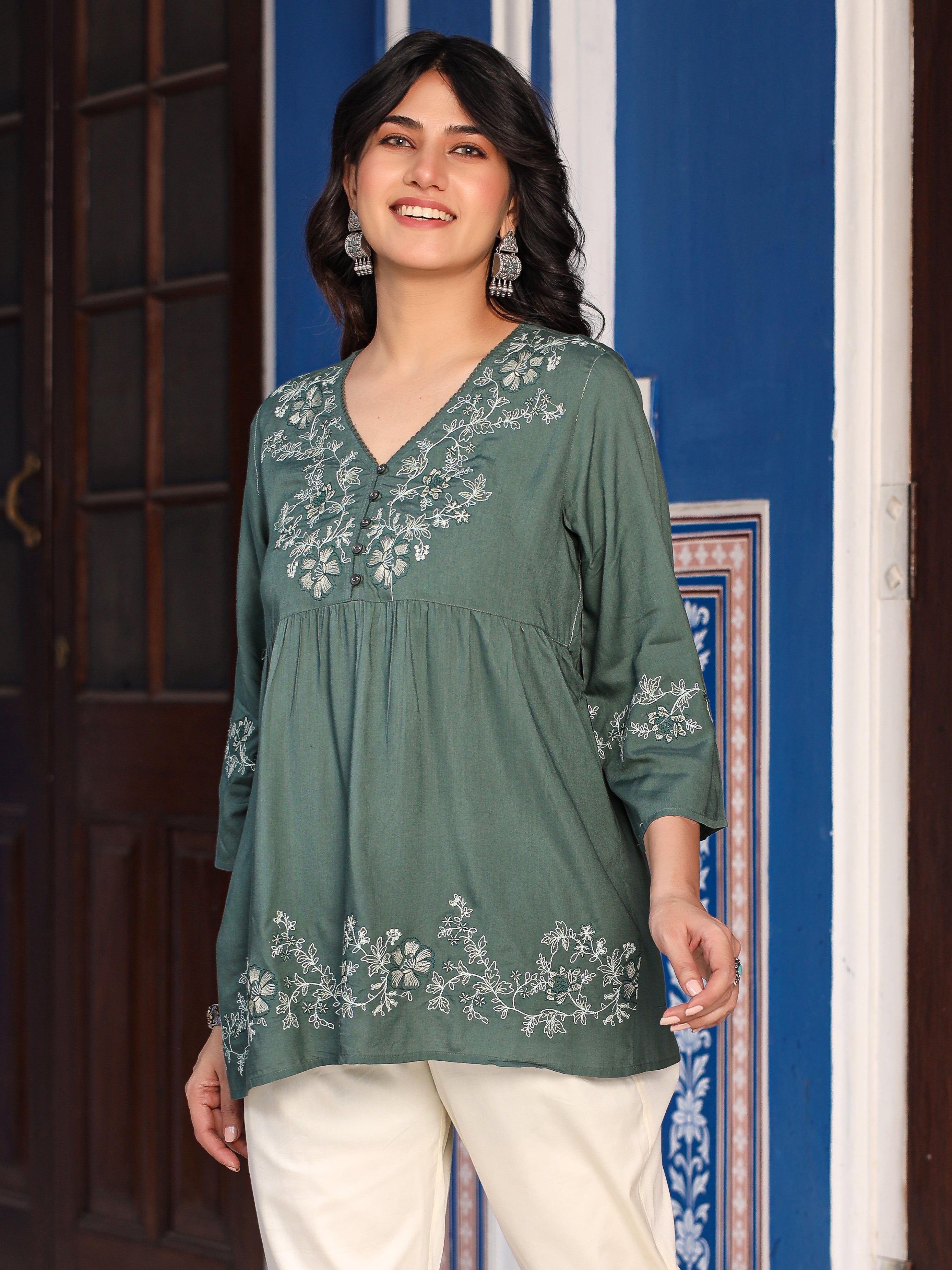 Green Modal Rayon Alia-Cut Embroidered Tunic | DesiQlo