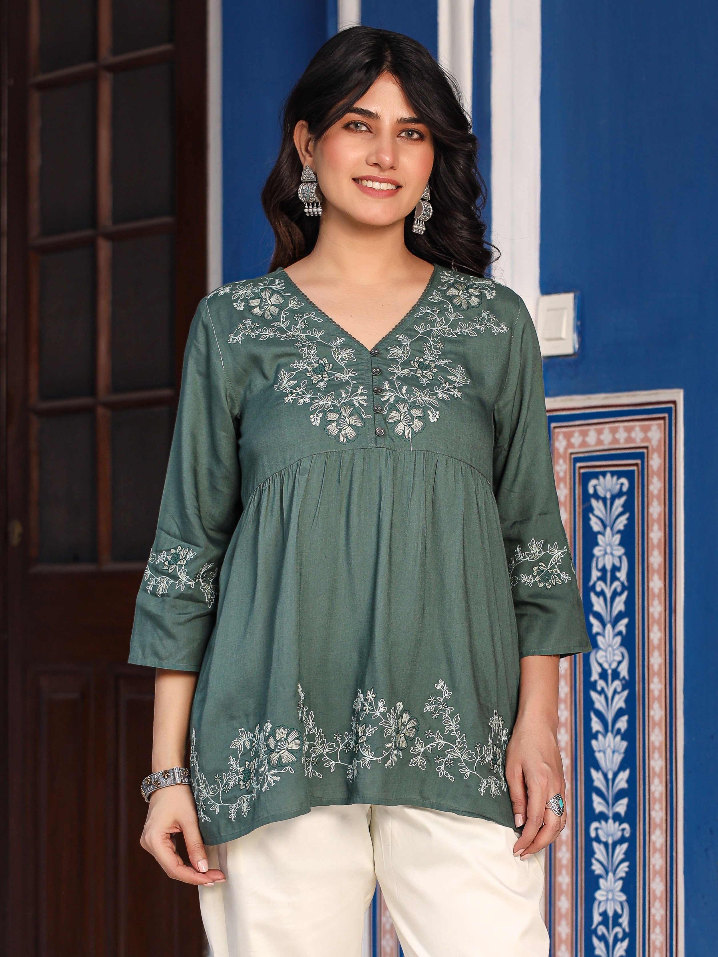Green Modal Rayon Alia-Cut Embroidered Tunic | DesiQlo
