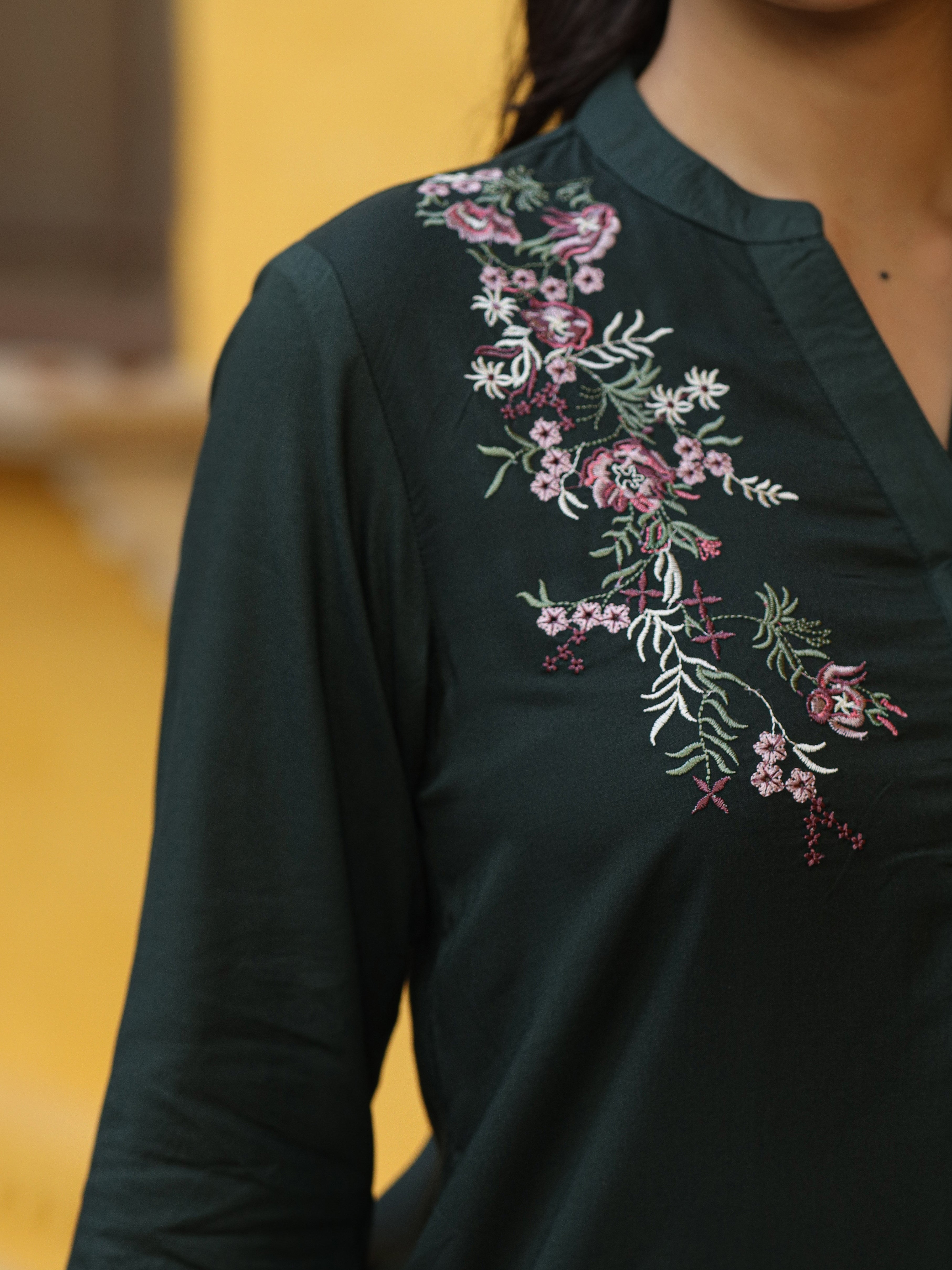 Green Modal Rayon Embroidered Tunic | DesiQlo