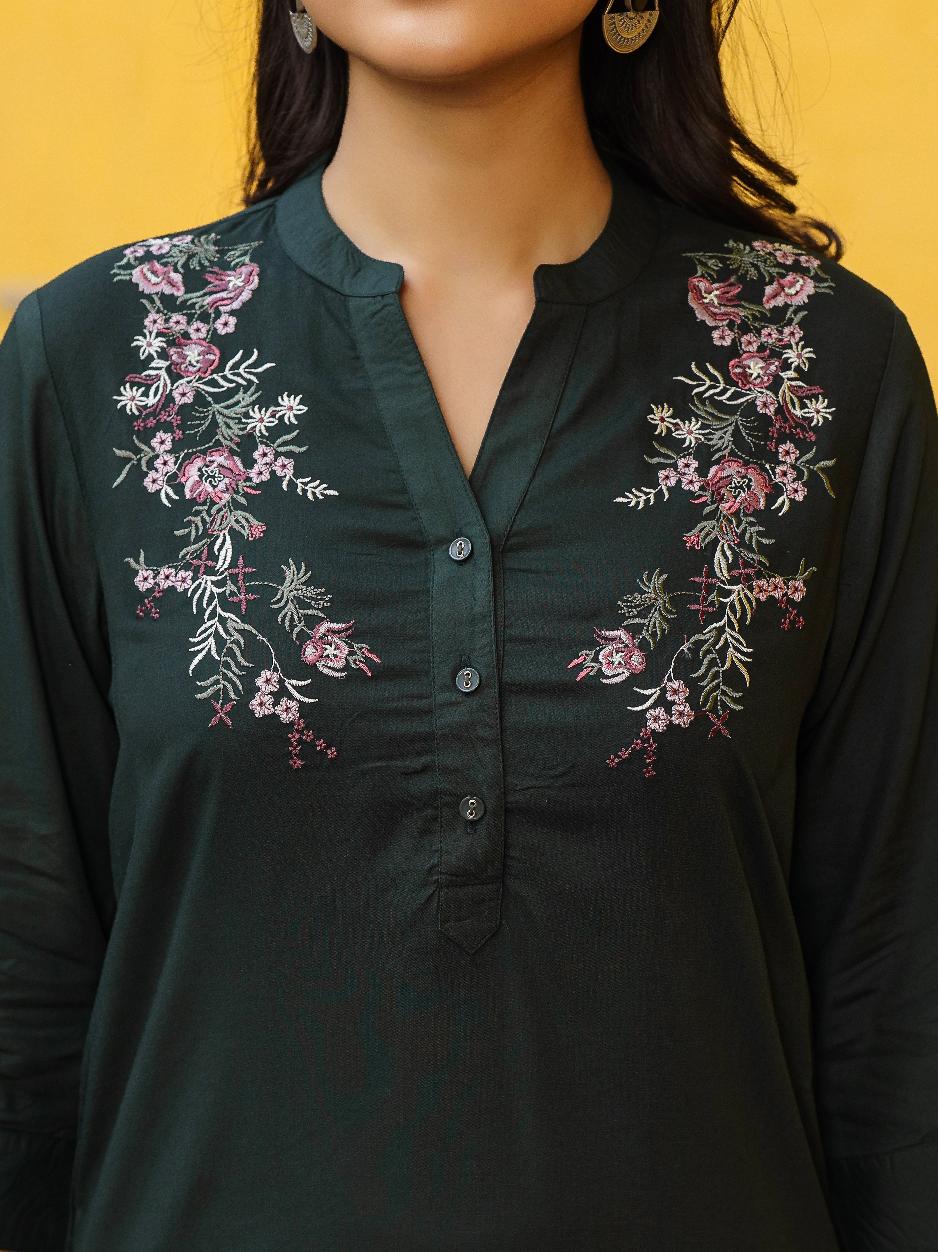 Green Modal Rayon Embroidered Tunic | DesiQlo