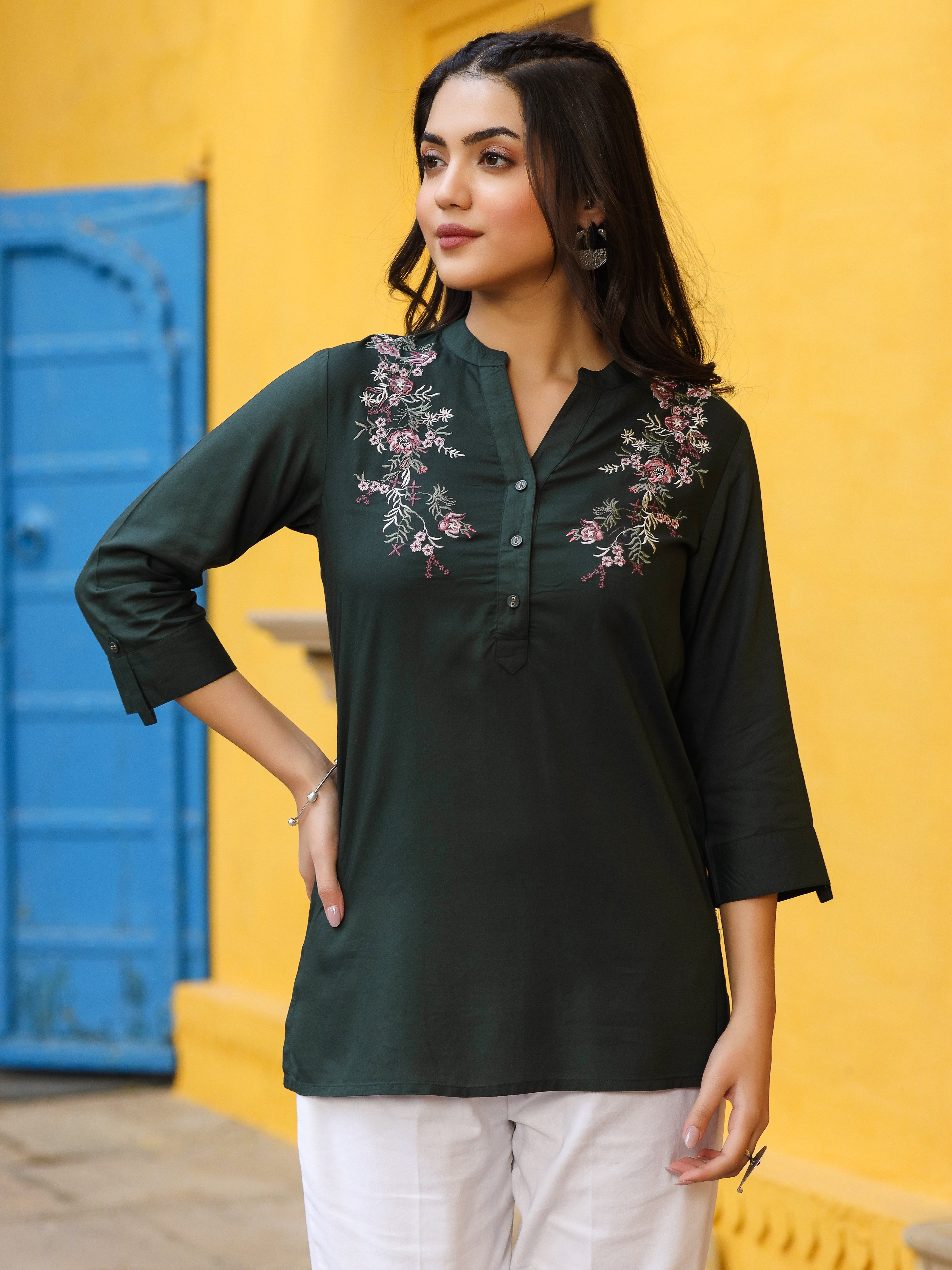 Green Modal Rayon Embroidered Tunic | DesiQlo