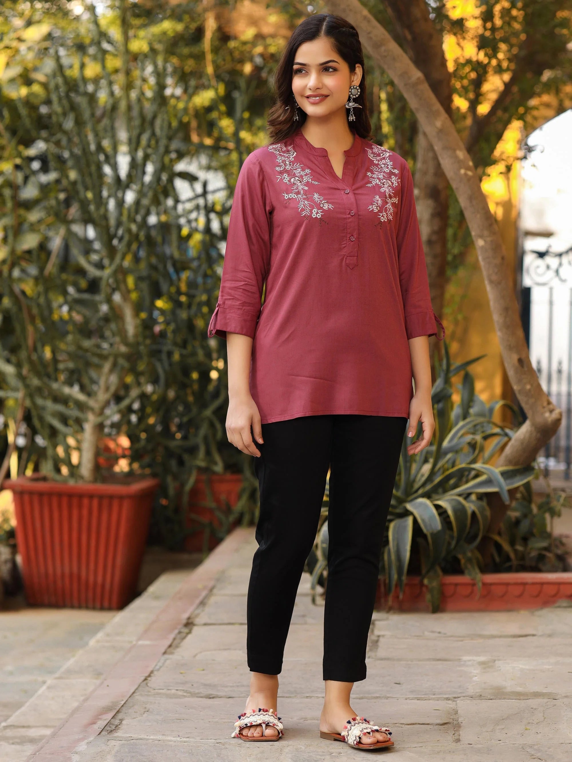 Onion Pink Embroidered Tunic Top - Indian Kurti for Women