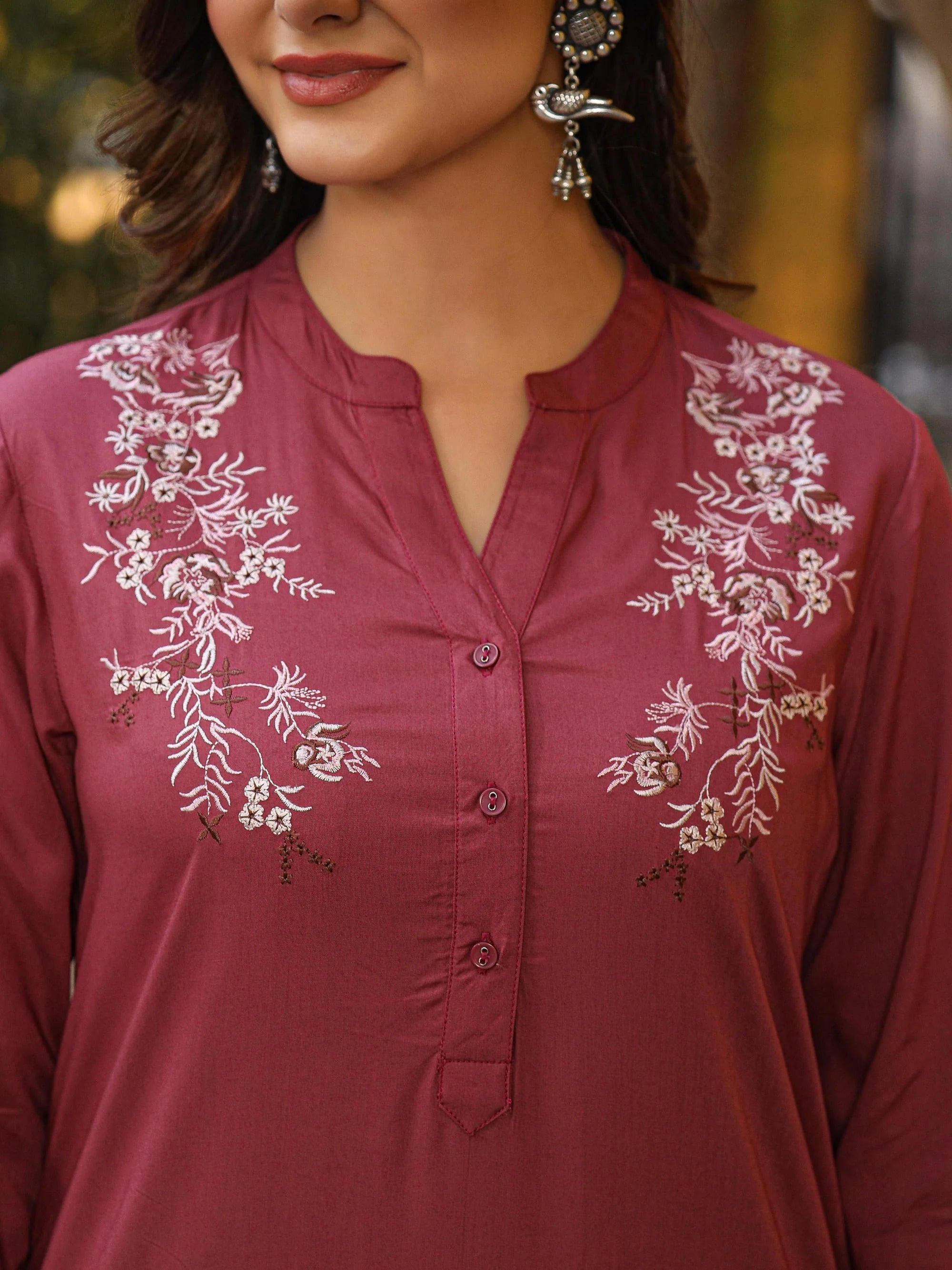 Onion Pink Embroidered Tunic Top - Indian Kurti for Women