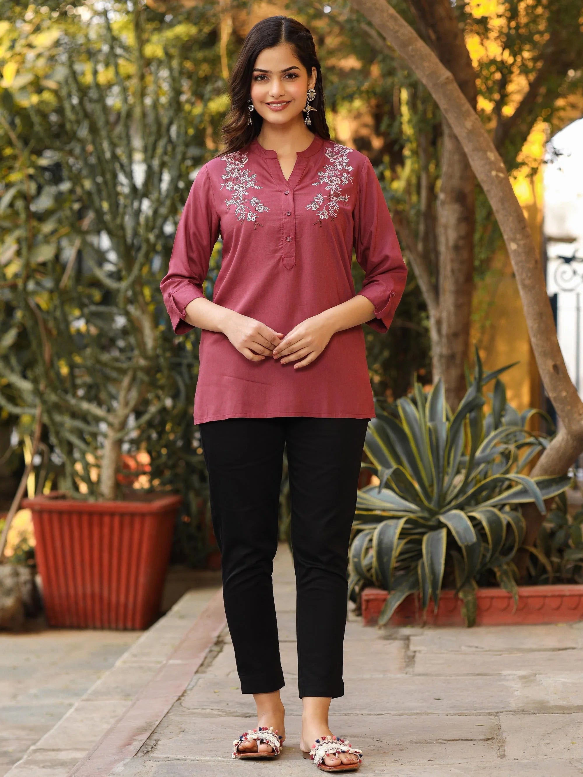 Onion Pink Embroidered Tunic Top - Indian Kurti for Women