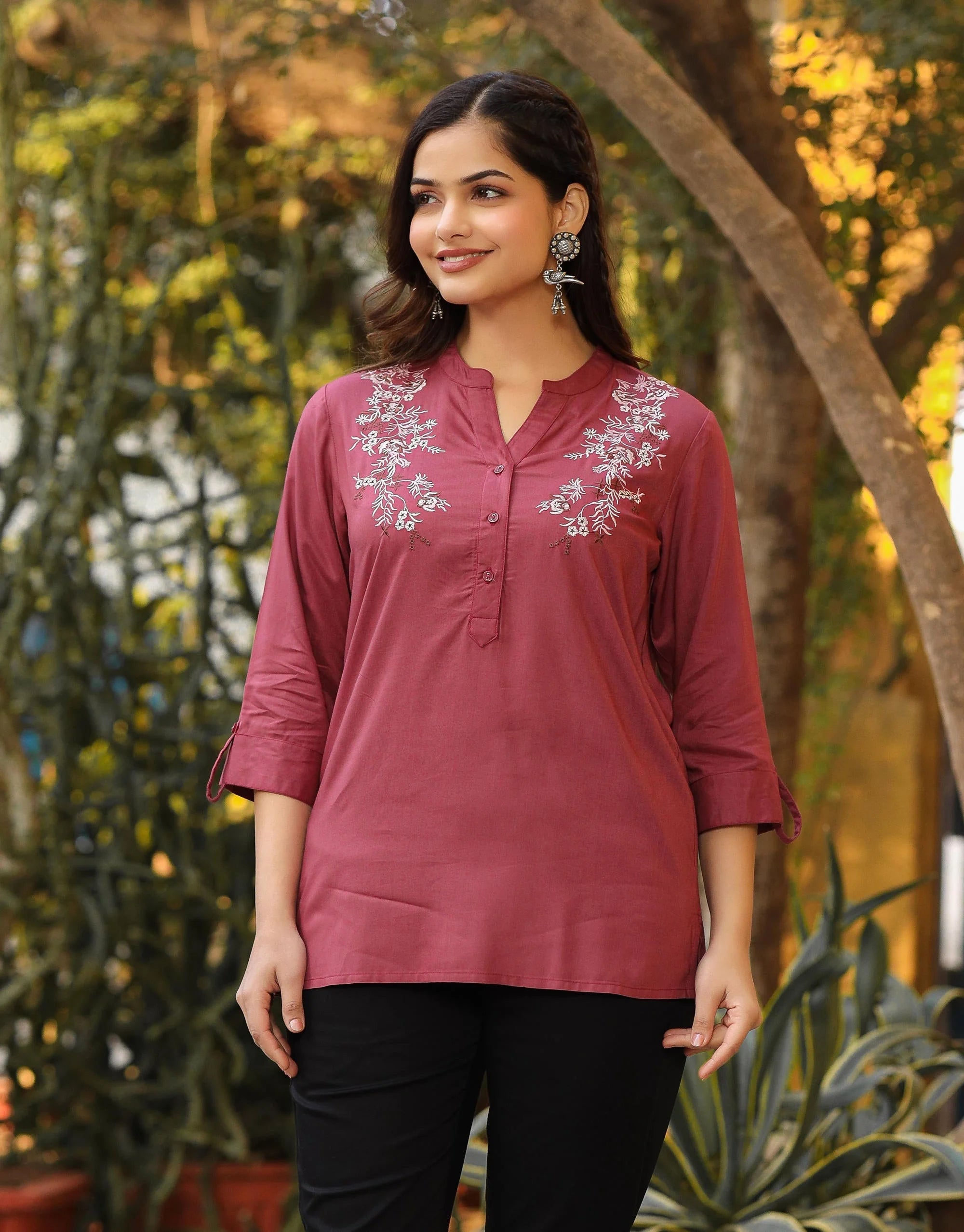 Onion Pink Embroidered Tunic Top - Indian Kurti for Women