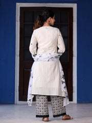 Off-White & Black Cotton Dobby Pleated Embroidered Kurta Palazzo & Dupatta Set-S4499OFFWHITE