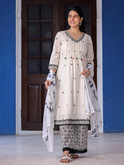 Off-White & Black Cotton Dobby Pleated Embroidered Kurta Palazzo & Dupatta Set-S4499OFFWHITE