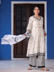 Off-White & Black Cotton Dobby Pleated Embroidered Kurta Palazzo & Dupatta Set-S4499OFFWHITE