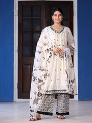 Off-White & Black Cotton Dobby Pleated Embroidered Kurta Palazzo & Dupatta Set-S4499OFFWHITE