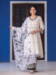 Off-White & Black Cotton Dobby Pleated Embroidered Kurta Palazzo & Dupatta Set-S4499OFFWHITE