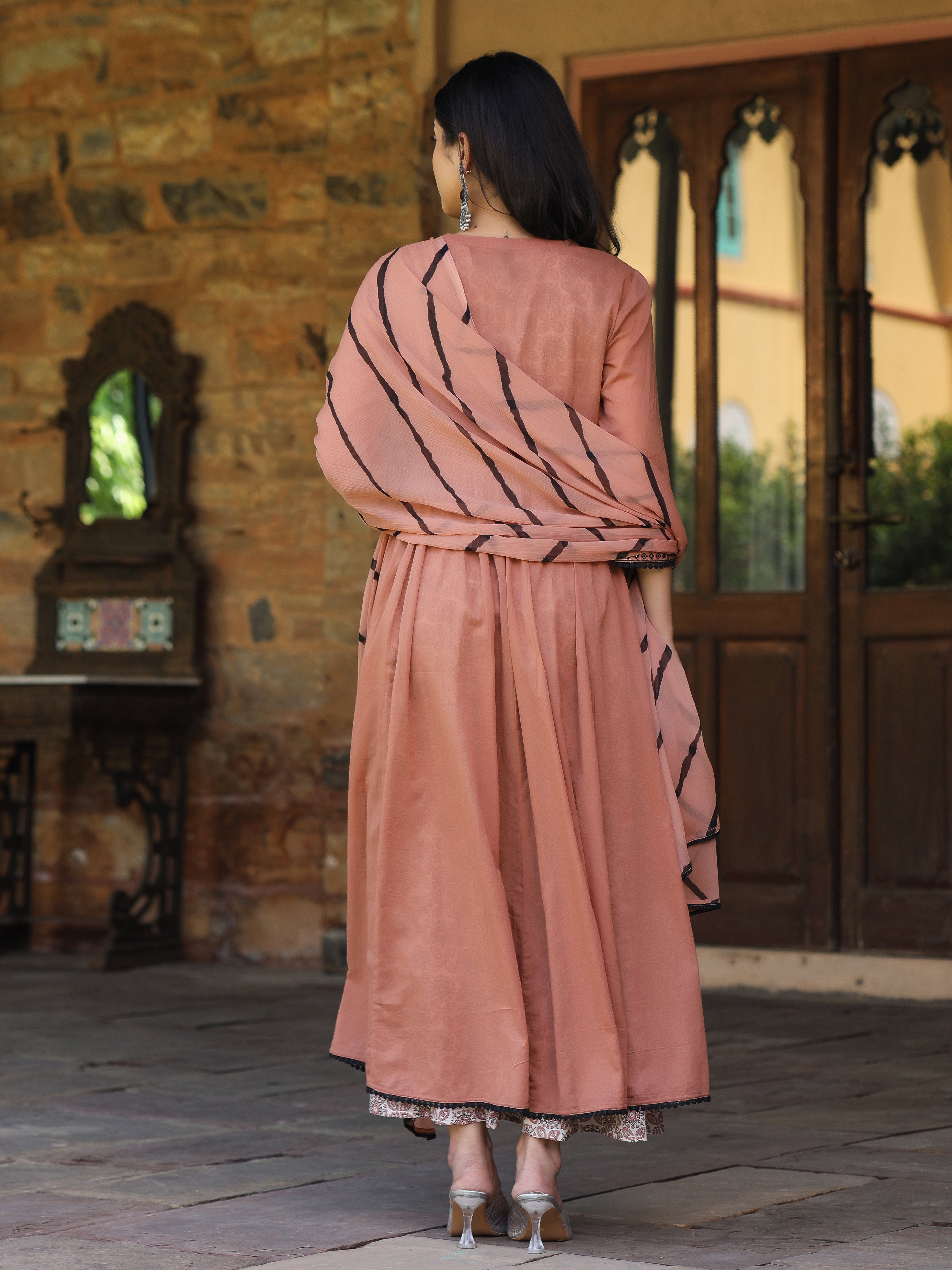 Onion Pink & Black Cotton Embroidered Anarkali Dress With Jacket & Tie