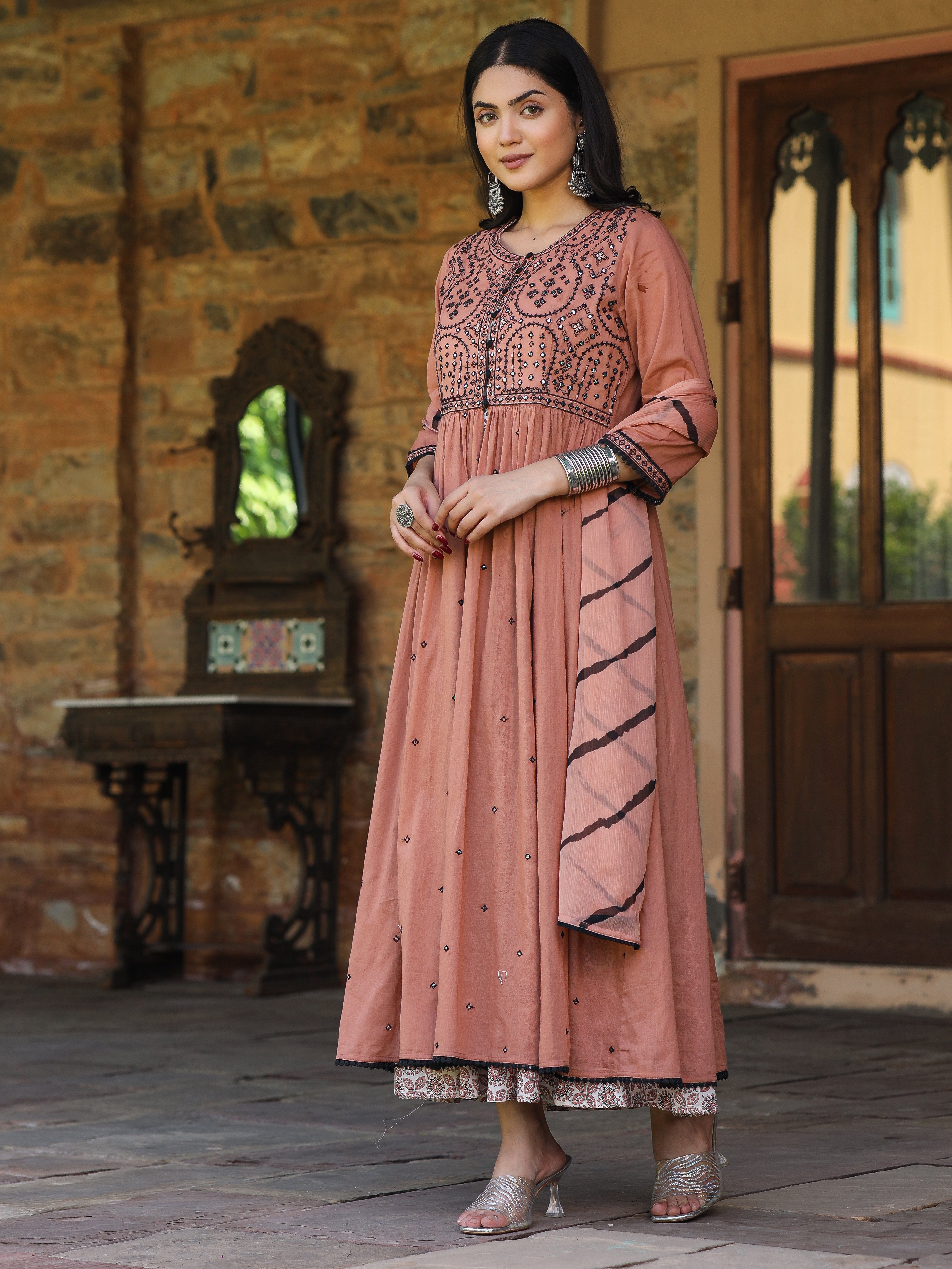 Onion Pink & Black Cotton Embroidered Anarkali Dress With Jacket & Tie
