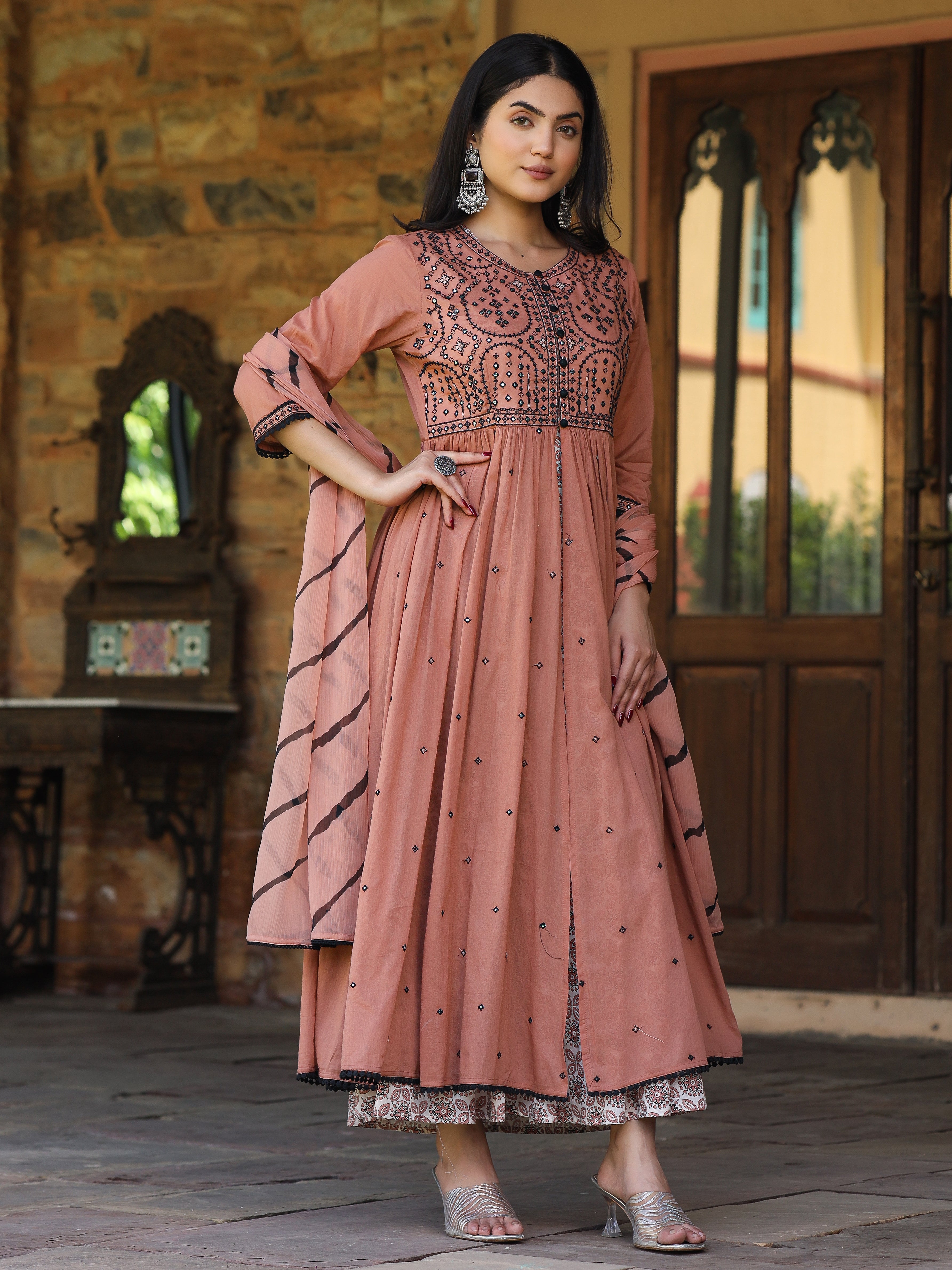 Onion Pink & Black Cotton Embroidered Anarkali Dress With Jacket & Tie-Dye Dupatta