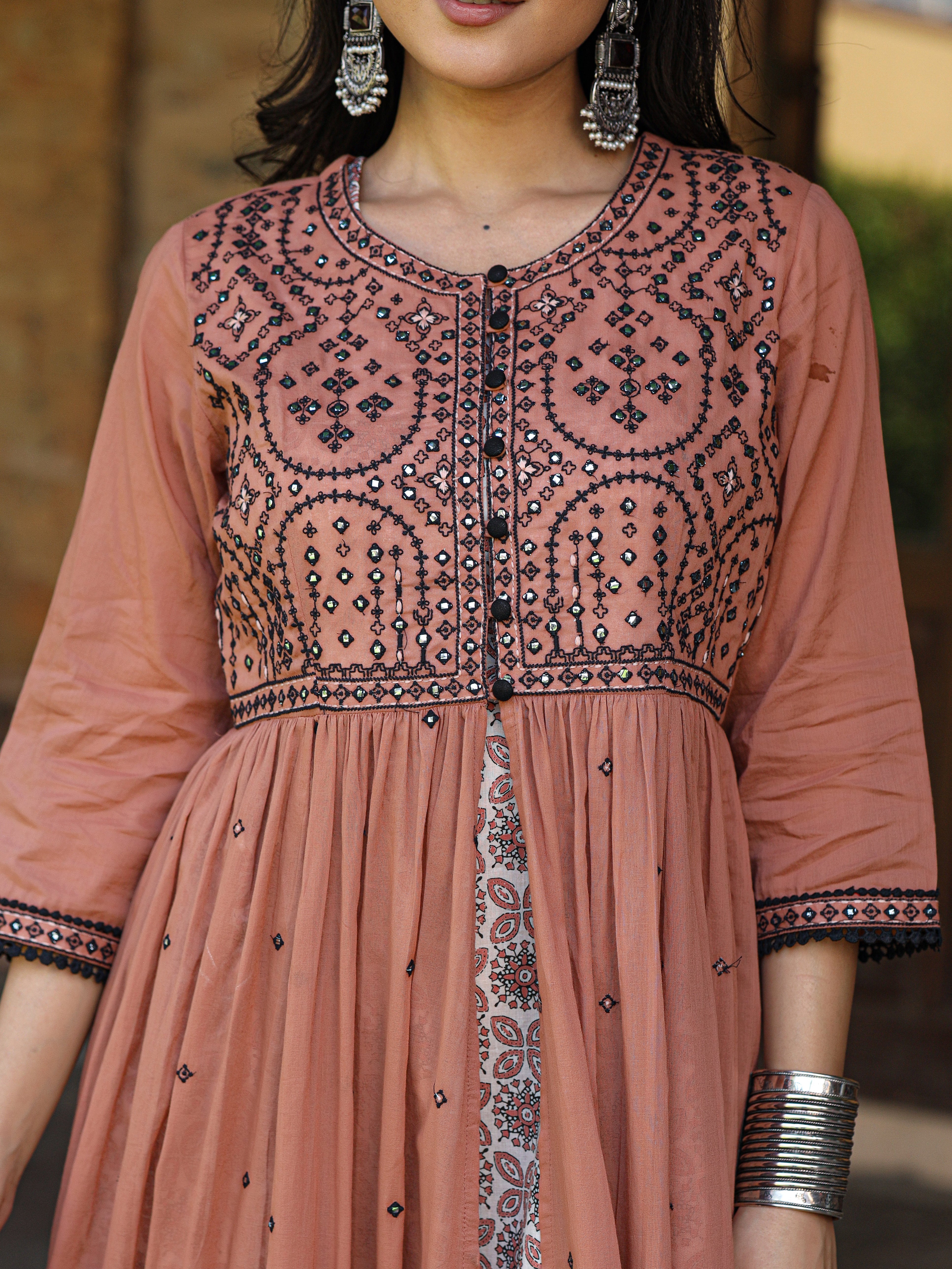 Onion Pink & Black Cotton Embroidered Anarkali Dress With Jacket & Tie