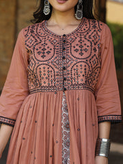 Juniper Onion Pink & Black Cotton  Embroidered Anarkali Dress With Jacket & Tie-Dye Dupatta