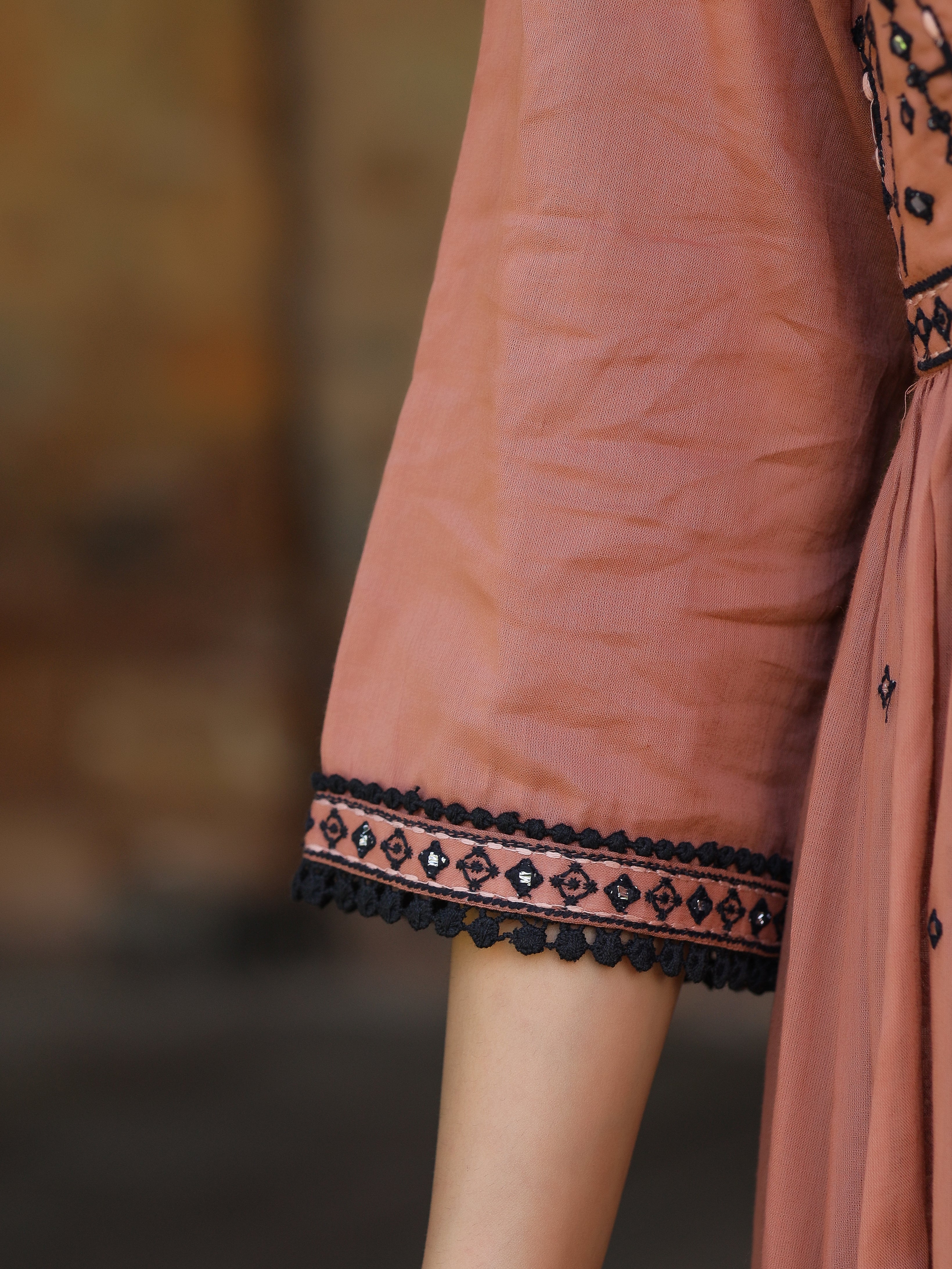Onion Pink & Black Cotton Embroidered Anarkali Dress With Jacket & Tie