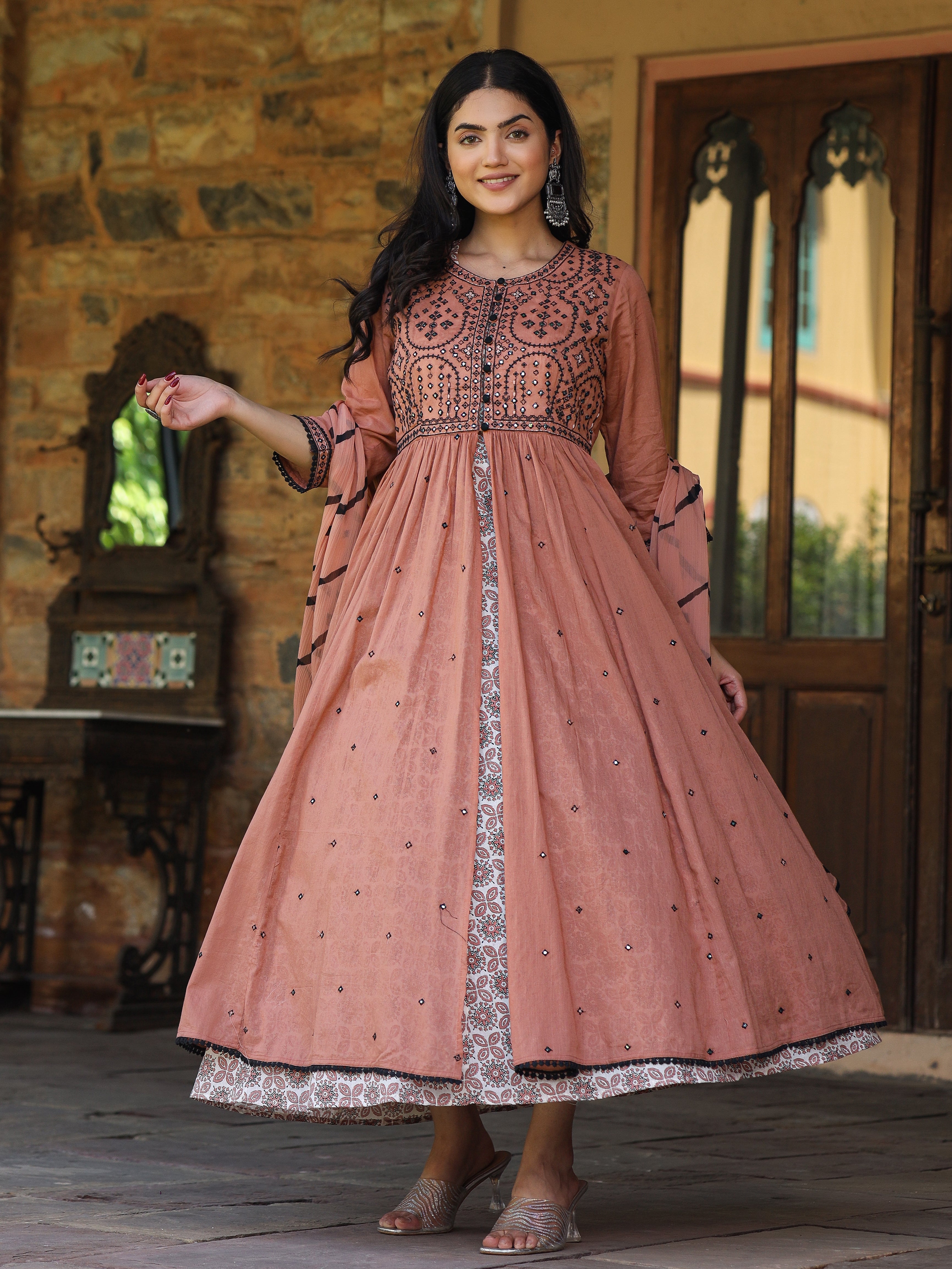 Onion Pink & Black Cotton Embroidered Anarkali Dress With Jacket & Tie