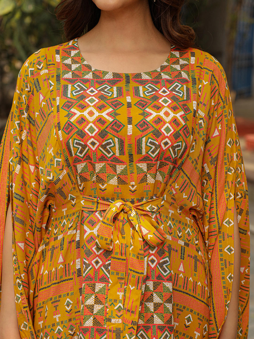The Crafted Geometrics Mustard Ikat Printed Rayon Kaftan Dress | DesiQ