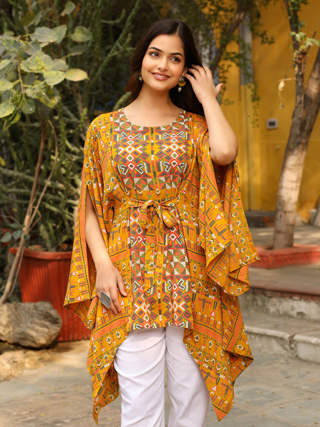 The Crafted Geometrics Mustard Ikat Printed Rayon Kaftan Dress | DesiQ