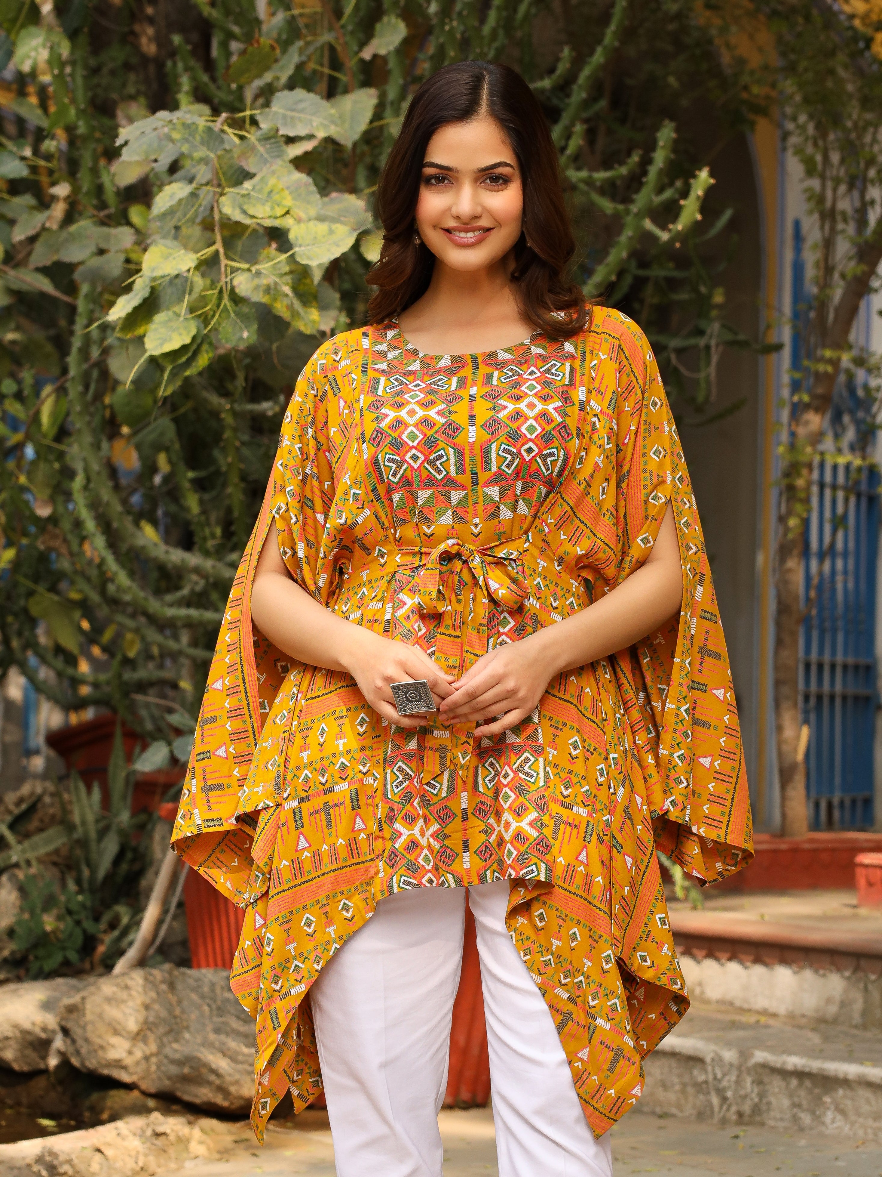 The Crafted Geometrics Mustard Ikat Printed Rayon Kaftan Dress | DesiQ