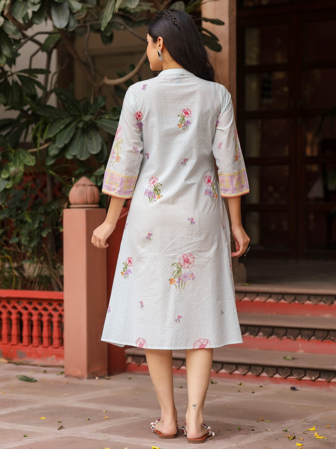 Mint Floral Printed Pure Cotton Dress With Sequins Work | DesiQlo