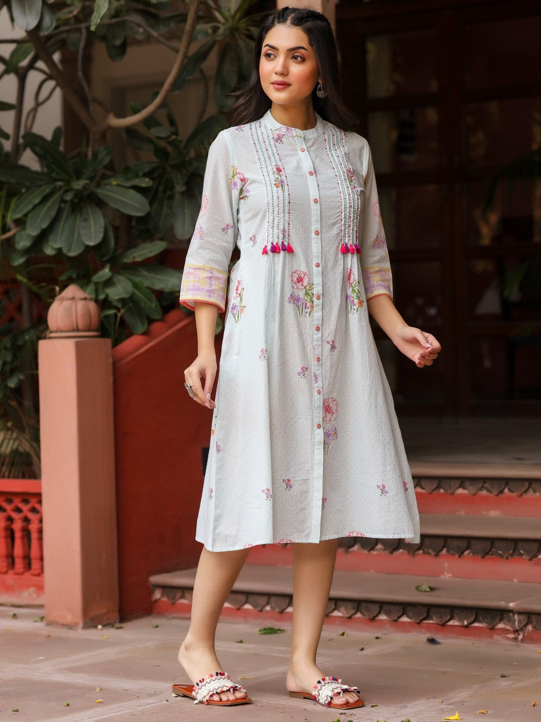 Mint Floral Printed Pure Cotton Dress With Sequins Work | DesiQlo