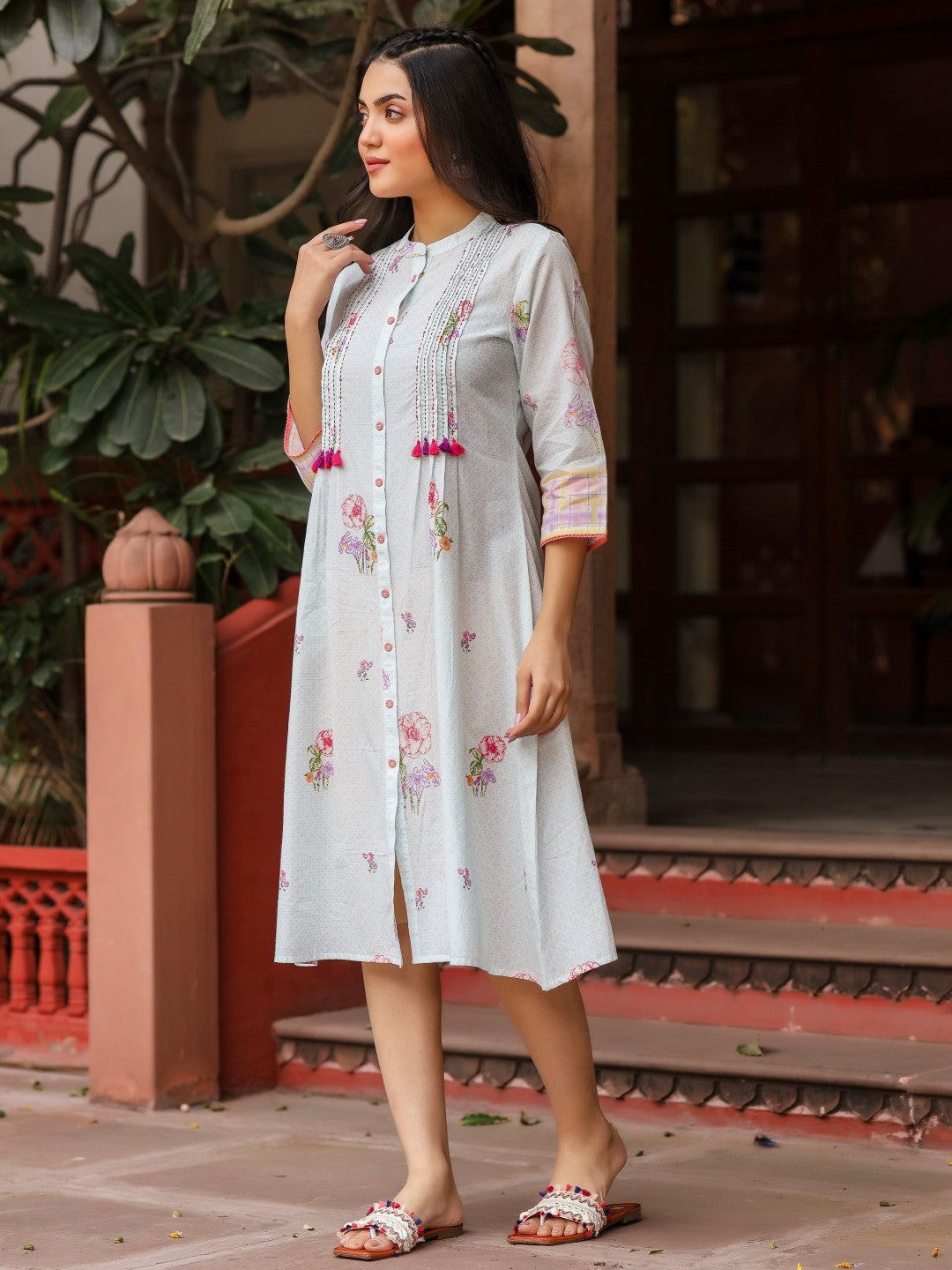 Mint Floral Printed Pure Cotton Dress With Sequins Work | DesiQlo