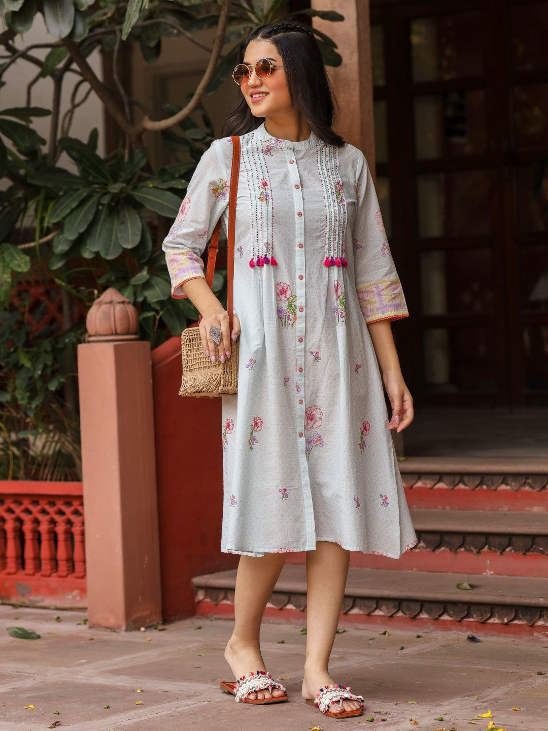 Mint Floral Printed Pure Cotton Dress With Sequins Work | DesiQlo