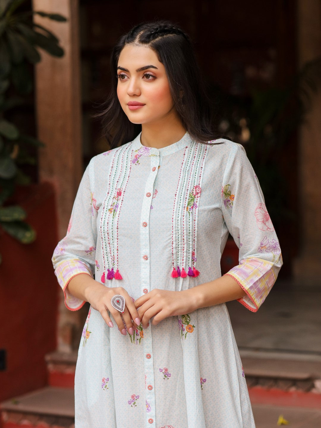 Mint Floral Printed Pure Cotton Dress With Sequins Work | DesiQlo